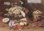 Jan Van Kessel the Younger Still life of a watermelon,pears,grapes and melons,plums,apricots and pears in a basket,with a dog surprising a monkey and fraises-de-bois spilling ou